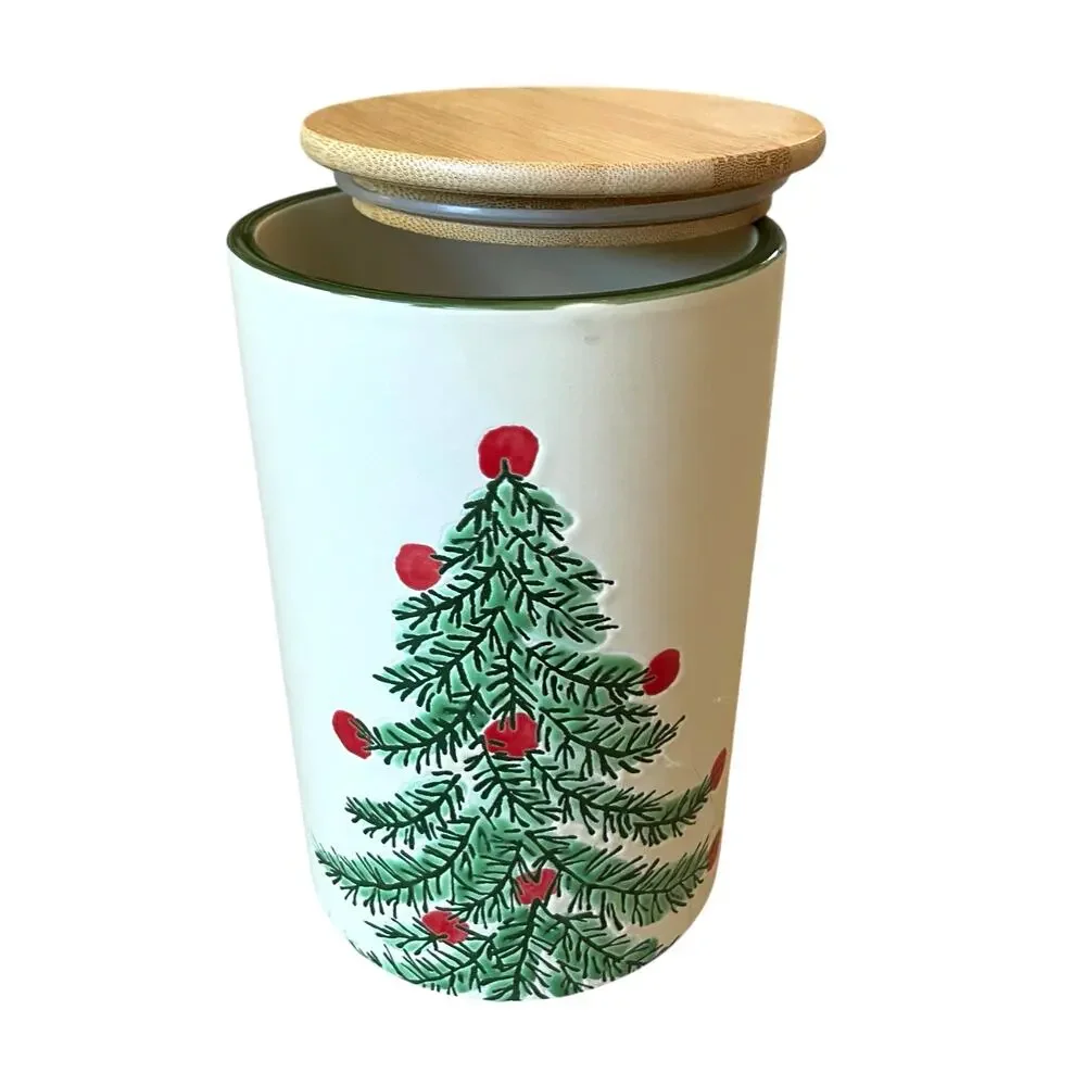 ELI & ANA Erma Christmas Tree Ceramic Canister Cookie Jar w/ Wood Lid 7.5in NEW